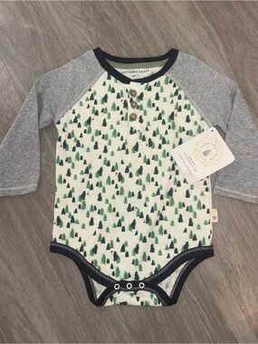Burt's Bees Baby Cream Green Tree Print Raglan Bodysuit with Gray Sleeves